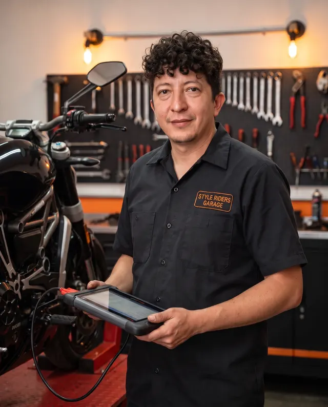 Henry, mecánico de Style Riders Garage, con un escáner de diagnóstico junto a una moto